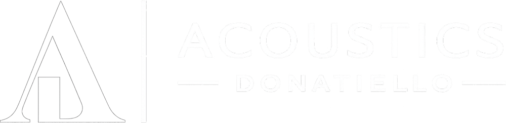 Weißes Logo von Acoustics Donatiello mit einem stilisierten Buchstaben A auf schwarzem Hintergrund.