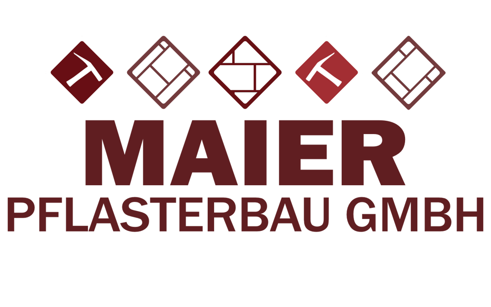 Logo: MAIER PFLASTERBAU GMBH in Dunkelrot auf Grün, darüber fünf Rauten mit Hammer und Pflastersteinen.