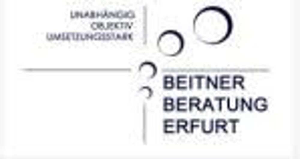 Beitner Beratung Erfurt Logo mit Text "UNABHÄNGIG OBJEKTIV UMSETZUNGSSTARK" und drei Kreisen.