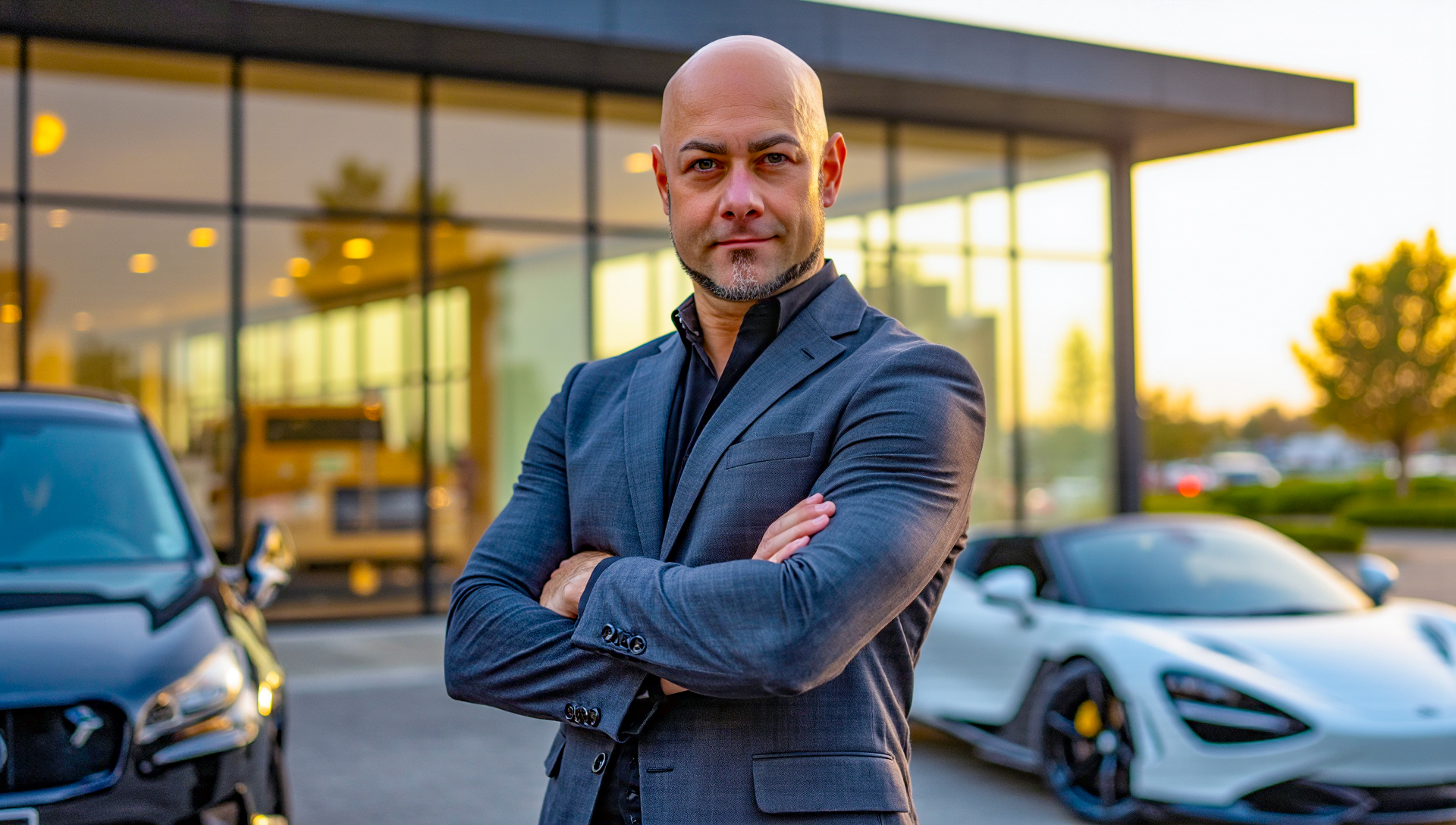 Inhaber eines Autohauses steht vor seinem Showroom zwischen zwei hochwertigen Fahrzeugen