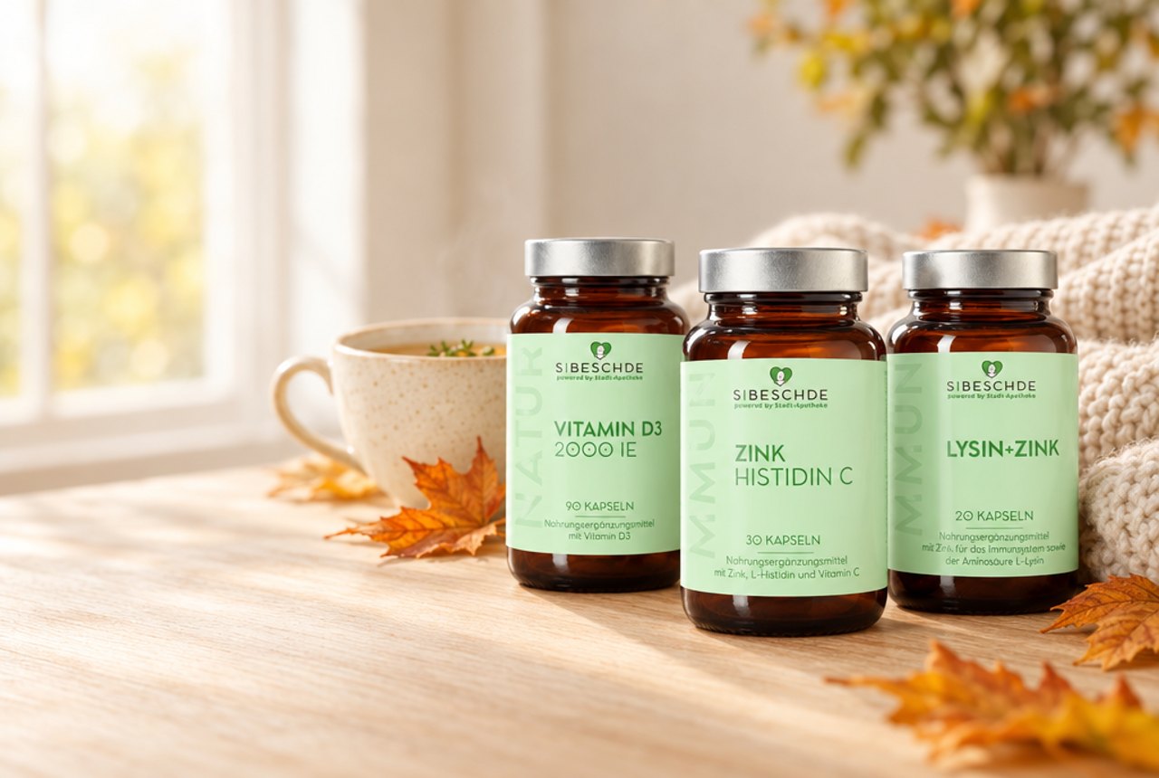 Vitamin D3 2000 IE, Zink Histidin C und Lysin + Zink von S|BESCHDE auf einem Holztisch mit Tee und Herbstblättern