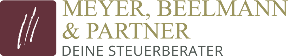 Logo mit drei weißen diagonalen Strichen auf rotem Quadrat und Text "MEYER, BEELMANN & PARTNER DEINE STEUERBERATER".
