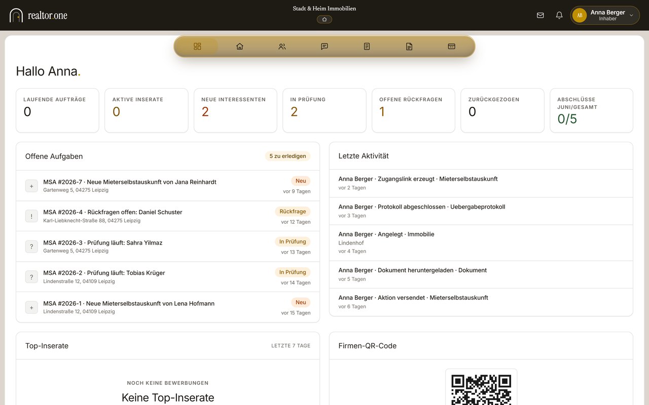 realtor.one Dashboard: Kennzahlen und offene Aufgaben