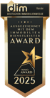Schwarzes und goldenes Siegel "Ausgezeichnet mit dem Immobilien Dienstleister Award 2025" mit Immo Award und Goldstern.