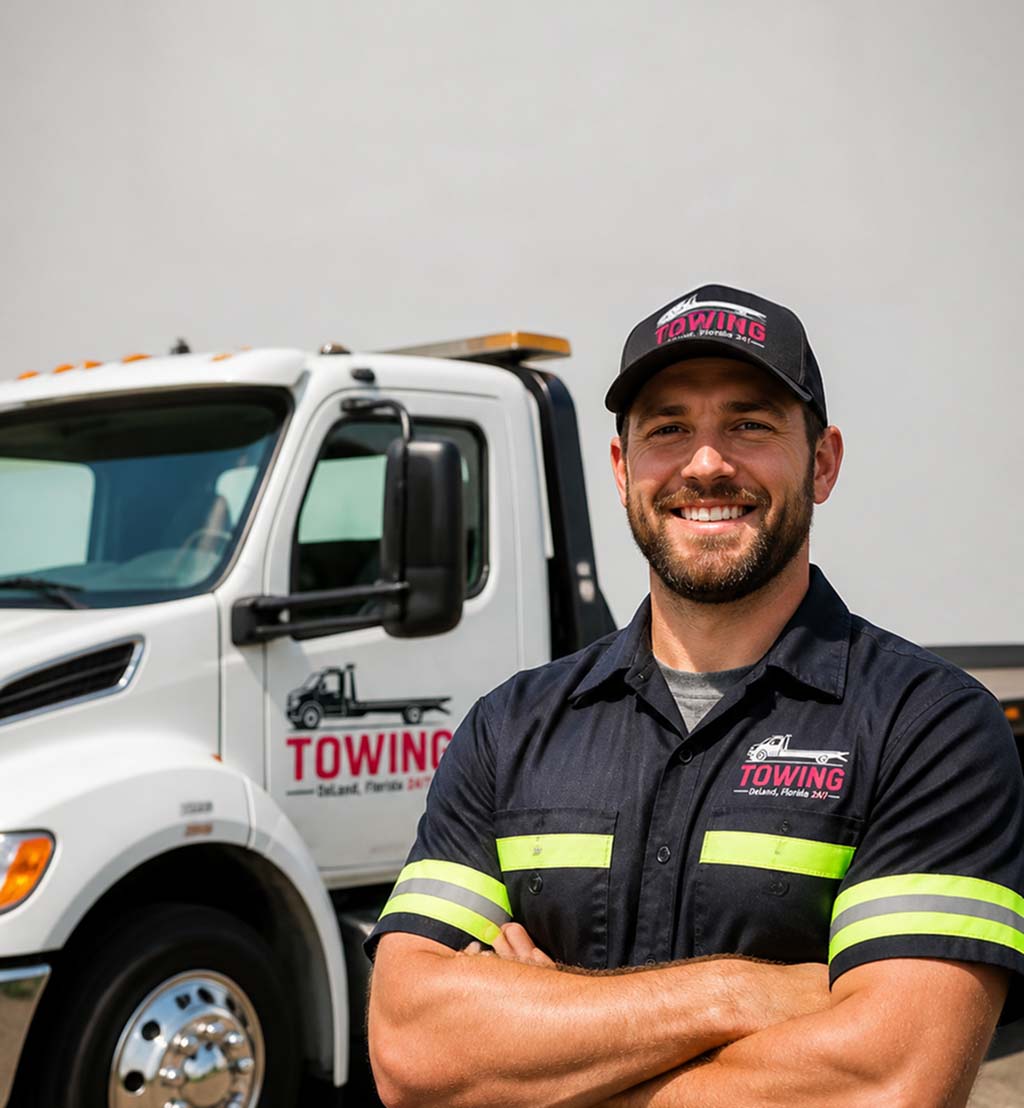 A smiling male tow truck driver standing proudly in front of his service vehicle in DeLand, FL.