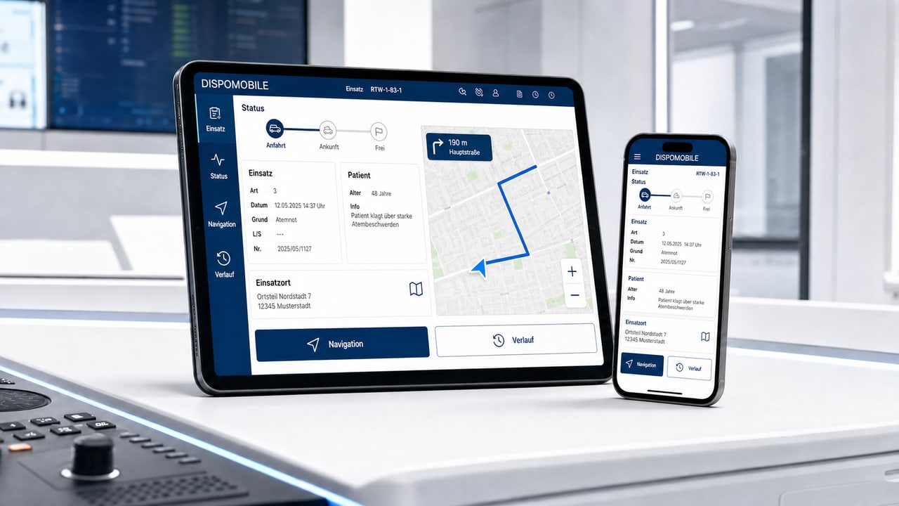 DISPOMOBILE auf einem mobilen Endgerät mit Einsatzliste, Einsatzdetails und Kartenansicht