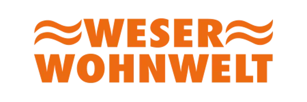 Logo von Weser Wohnwelt in Orange auf grünem Hintergrund, mit Wellenlinien über "Weser".