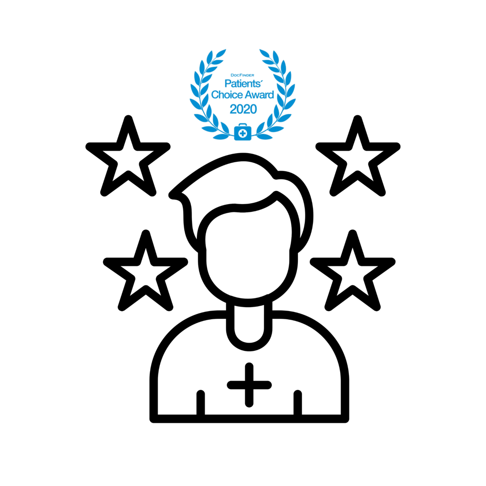 Eine schwarze Strichzeichnung eines Arztes mit einem blauen Lorbeerkranz mit der Aufschrift "Patient Choice Award 2020" und vier Sternen.