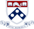 University of Pennsylvania crest with red top, blue chevron, white circles, and a scroll with "LEGES SINE MORIBUS VANAE".