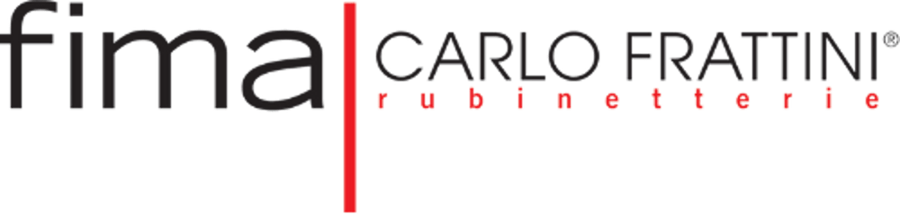 Schwarzer Text "fima" links, roter vertikaler Balken in der Mitte, schwarzer Text "CARLO FRATTINI" mit rotem Text "rubinetterie" darunter rechts.