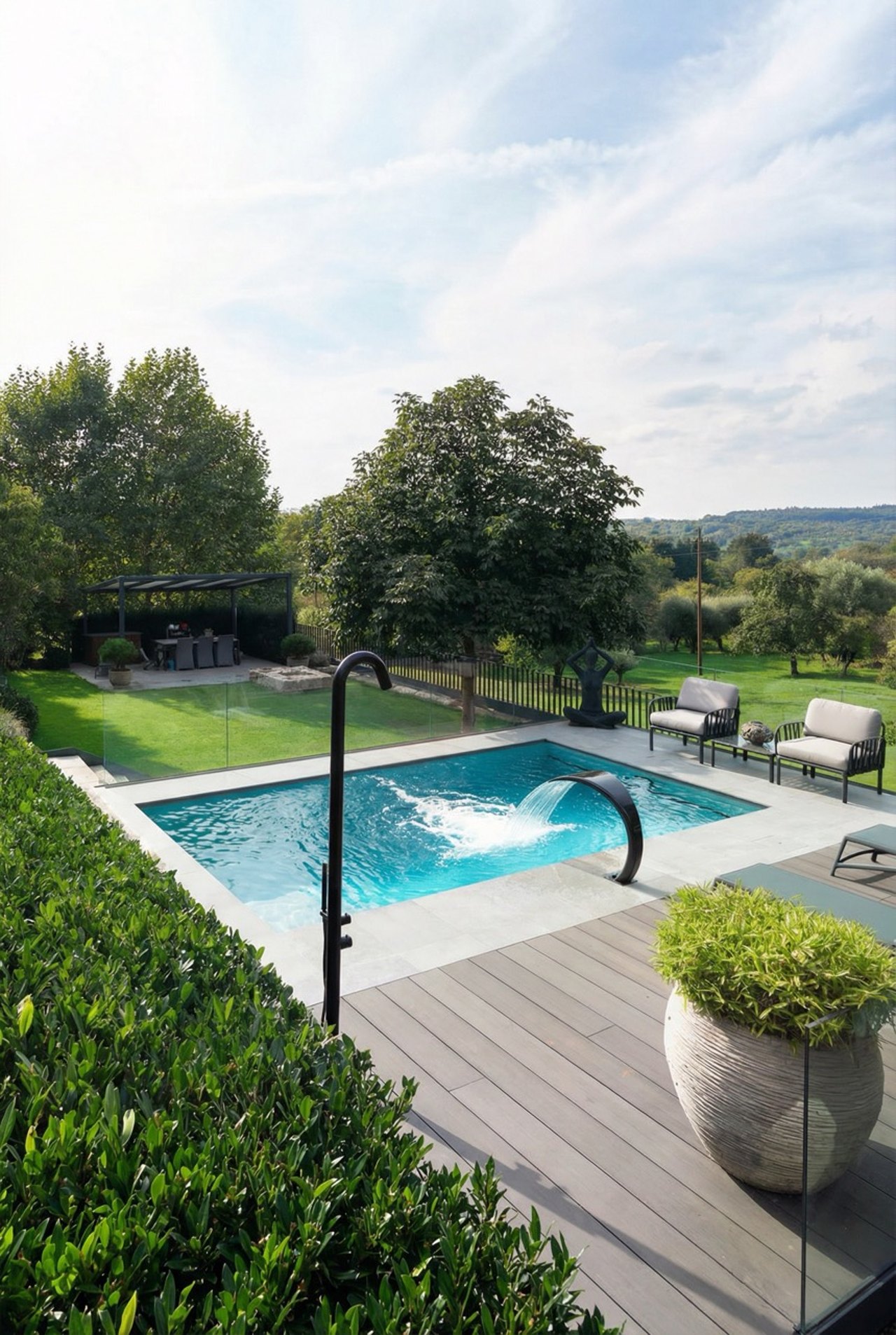 Rechteckiger Pool mit Wasserfall und Außendusche