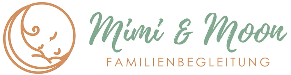 Logo: Goldene Umrisszeichnung eines schlafenden Babys im Halbmond. Text: "Mimi & Moon Familienbegleitung".