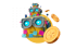 A yellow robot with blue glowing eyes and sticky notes on its body, surrounded by gold coins with a clover design.