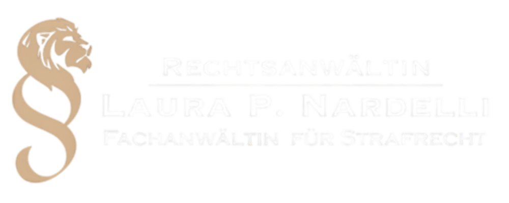 Logo mit Paragraphenzeichen, Löwenkopf und Text: Rechtsanwältin Laura P. Nardelli, Fachanwältin für Strafrecht.
