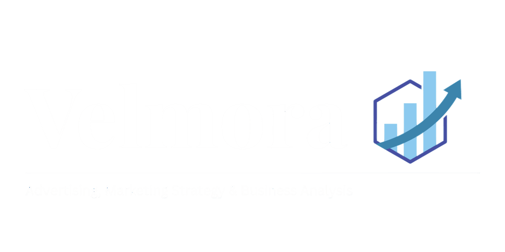 Velmora Logo mit Balkendiagramm und Text Advertising, Marketing Strategy & Business Analysis auf schwarzem Hintergrund.