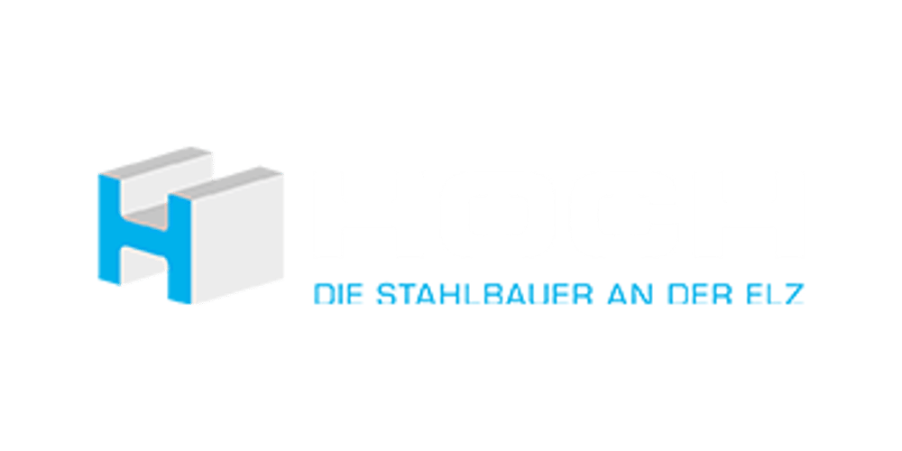 Logo: HOCH, Die Stahlbauer an der Elz, mit einem stilisierten H in Blau und Weiß.