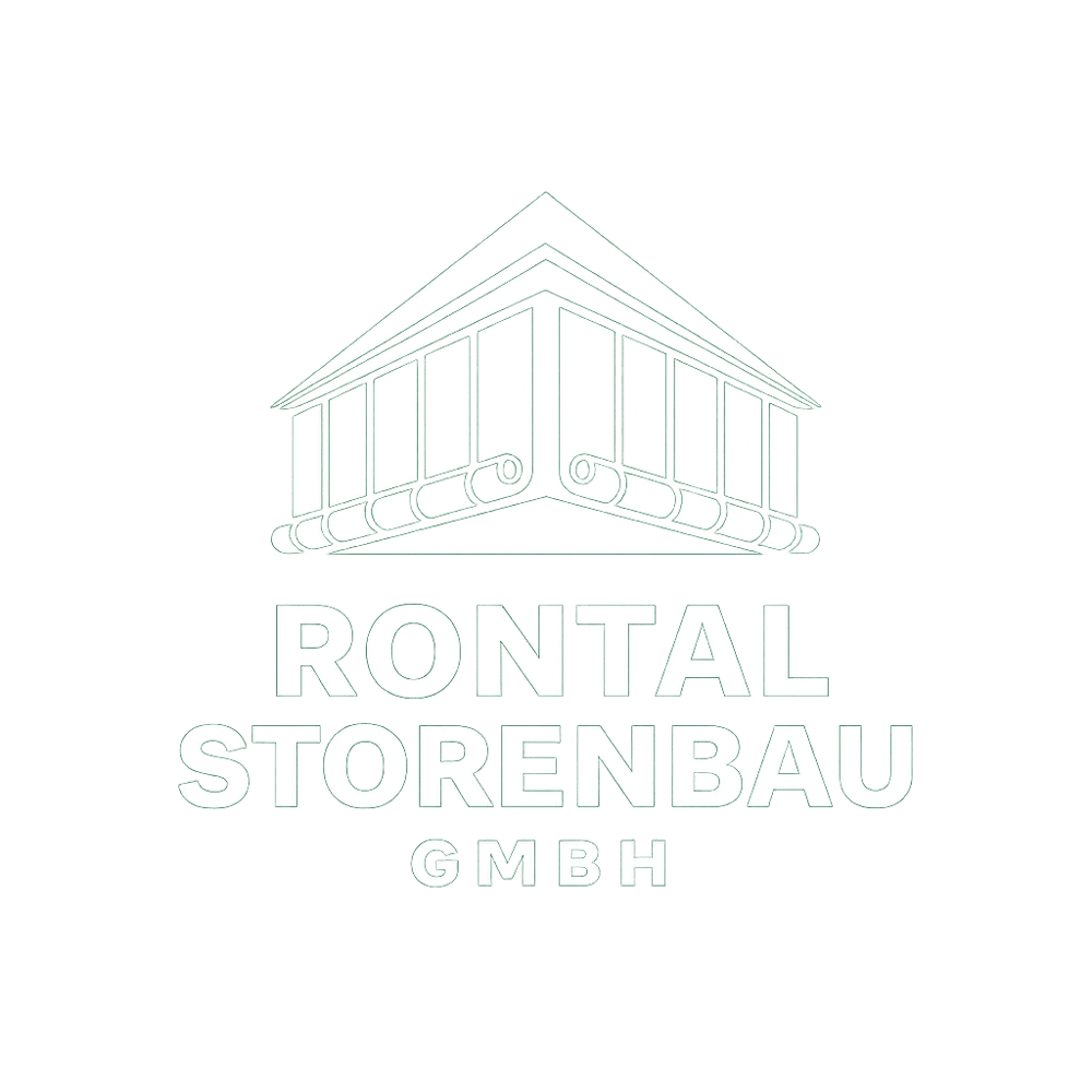 Grünes Logo: Weißes Gebäude mit aufgerollten Jalousien und Text "RONTAL STORENBAU GMBH".