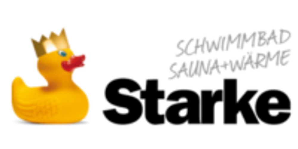 Gelbe Gummiente mit goldener Krone neben „Starke SCHWIMMBAD SAUNA+WÄRME" Schriftzug.