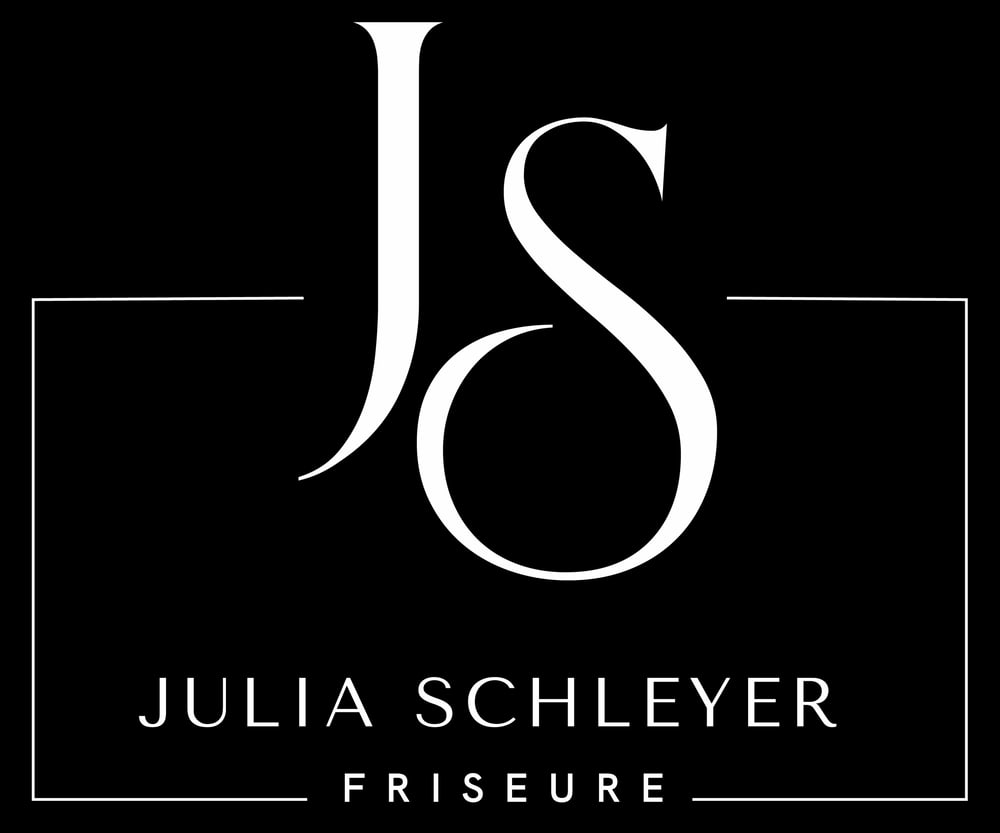 Logo: "JS JULIA SCHLEYER FRISEURE" in Weiß auf schwarzem Hintergrund mit feinem weißen Rahmen.