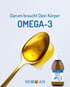 Goldener Löffel mit Omega-3-Öl und einer NORSAN Omega-3 TOTAL Flasche; Text: Darum braucht Dein Körper OMEGA-3.