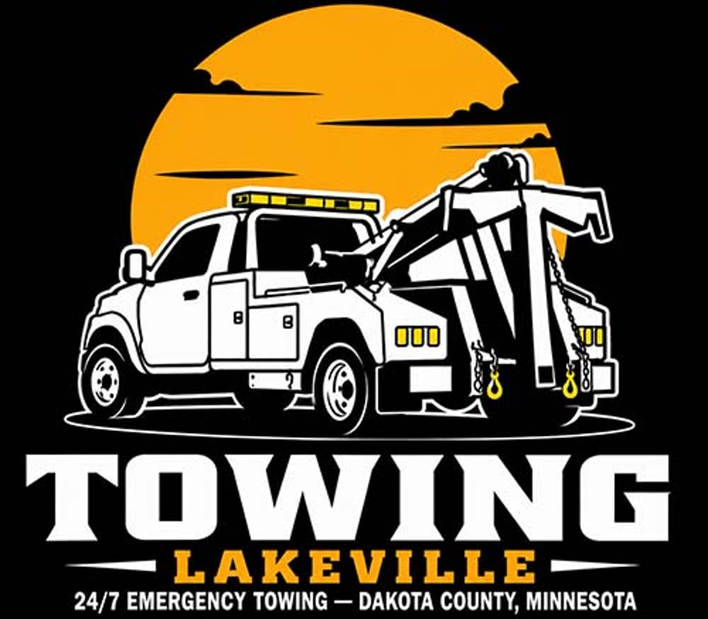 White tow truck with yellow lights against an orange sun. Text: TOWING LAKEVILLE 24/7 EMERGENCY TOWING – DAKOTA COUNTY, MINNESOTA.