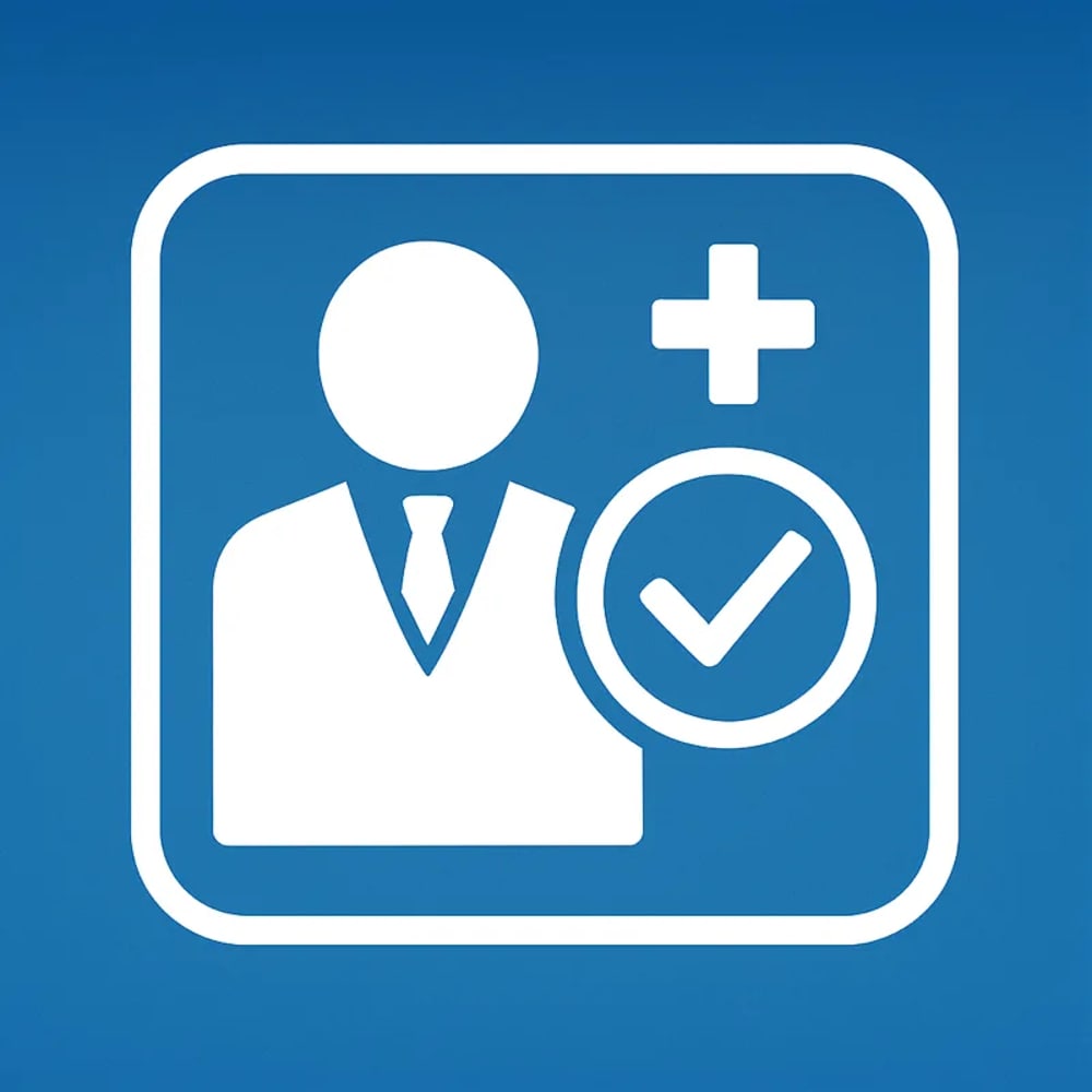 Benutzer-Symbol mit Krawatte, einem Pluszeichen und einem Häkchen in einem blauen Quadrat.
