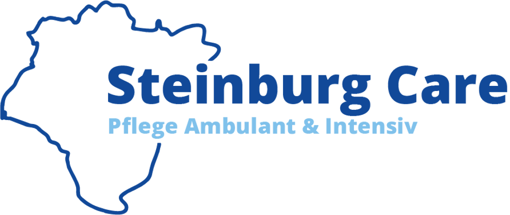 Logo von Steinburg Care: Pflege Ambulant & Intensiv mit einer blauen Umrisskarte auf grünem Hintergrund.