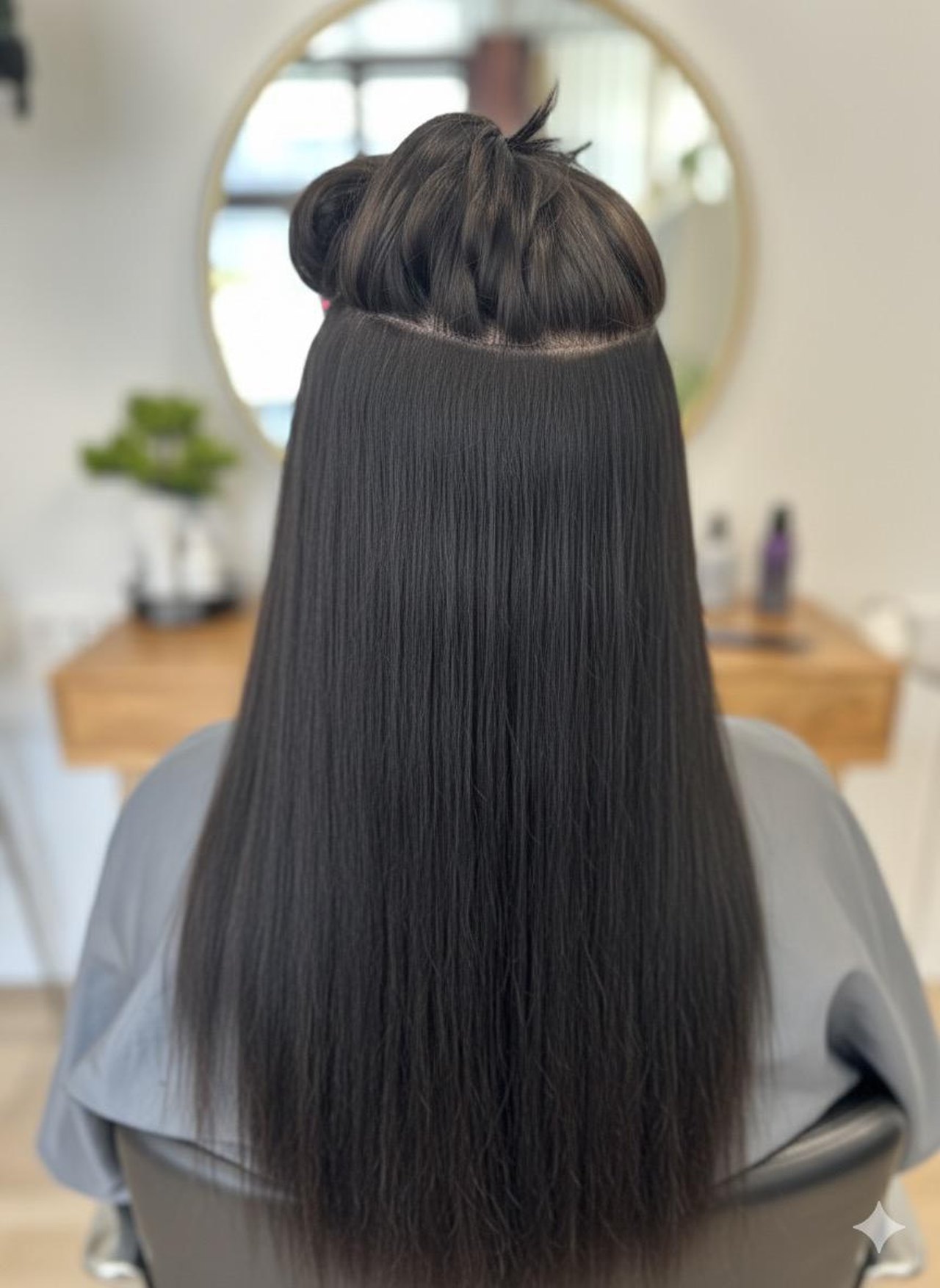 Rückansicht von langen, glatten, dunkelbraunen Haarextensions, die am Hinterkopf in das Eigenhaar eingearbeitet sind.