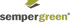 Logo von sempergreen mit zwei sich überlappenden, gebogenen Blättern in Grün und Grau.