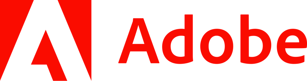 Adobe Logo mit schwarzem A in rotem Quadrat und dem roten Schriftzug Adobe auf schwarzem Hintergrund.