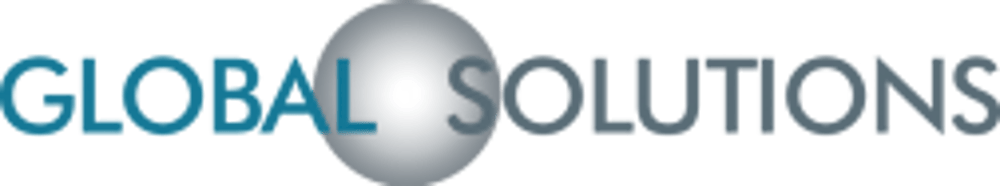 GLOBAL SOLUTIONS-Logo mit einem grauen Globus, der hinter dem "L" von "GLOBAL" und dem "S" von "SOLUTIONS" liegt.
