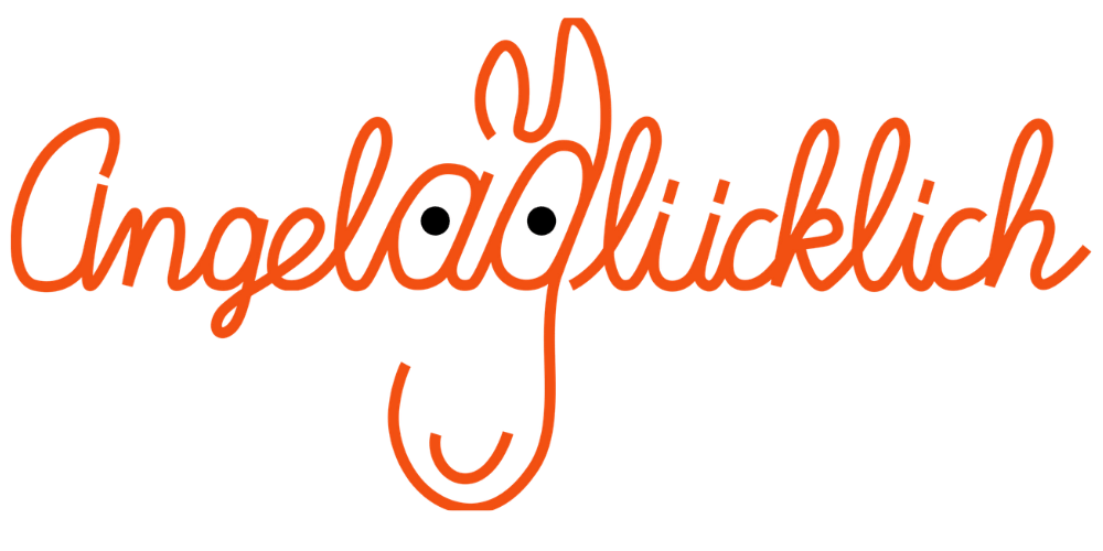 das orangefarbene Logo von "Angelaglücklich" hat zwei schwarze Punkte und eine U-Form, die ein Pferdegesichtesicht bilden.