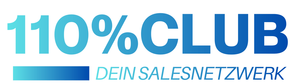 110% CLUB DEIN SALESNETZWERK Logo in Blau- und Türkistönen mit einem Farbverlauf darunter.