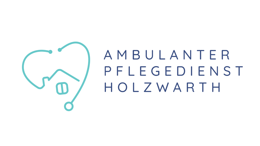 Logo mit hellblauem Stethoskop, das ein Haus umrahmt, und dem Text "AMBULANTER PFLEGEDIENST HOLZWARTH ...WEIL ES ZU HAUSE AM SCHÖNSTEN IST."