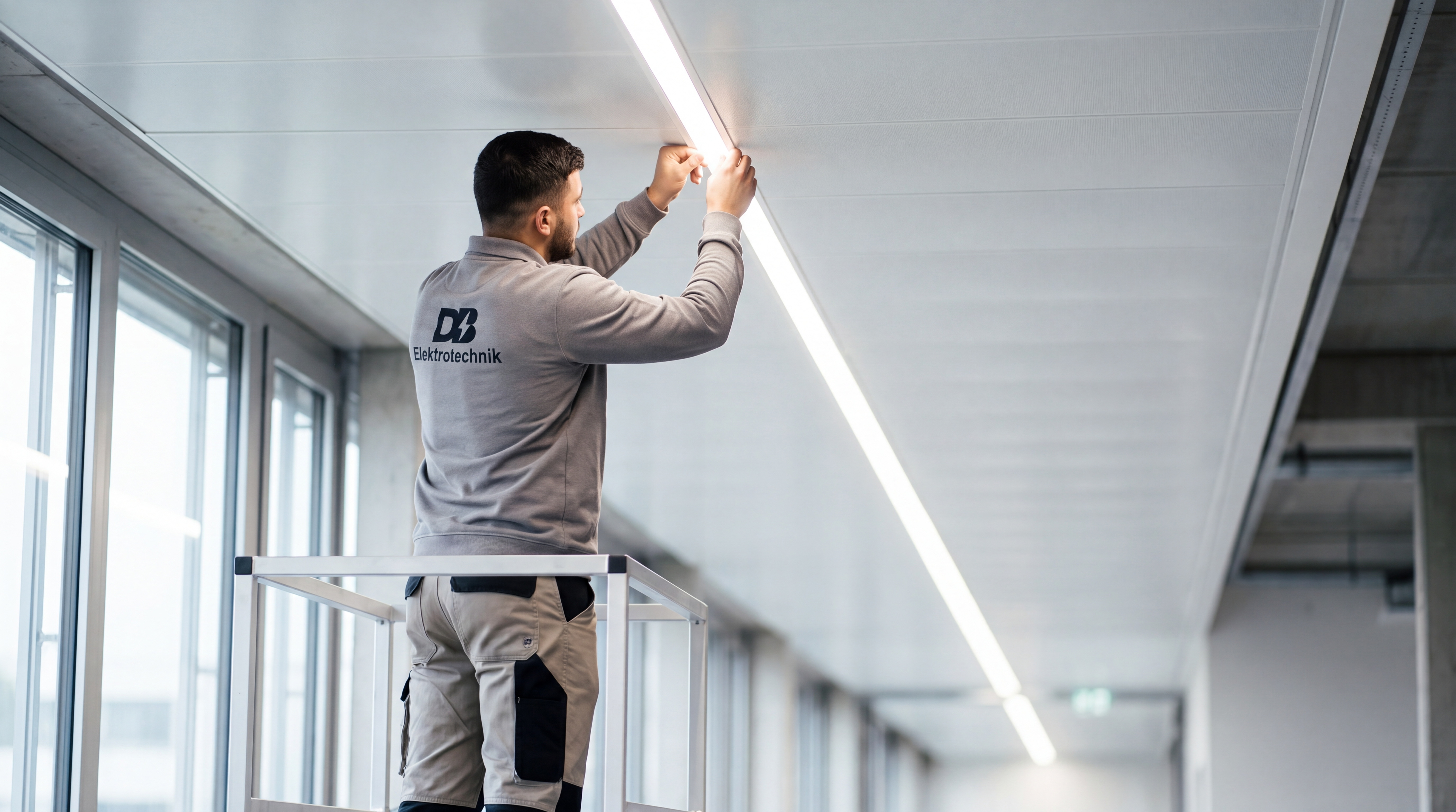 Monteur von D&B Elektrotechnik am beschrifteten Firmenwagen
