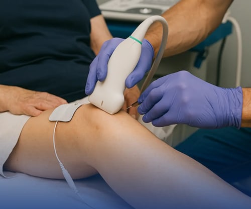 A clinician scanning a patient's knee with ultrasound