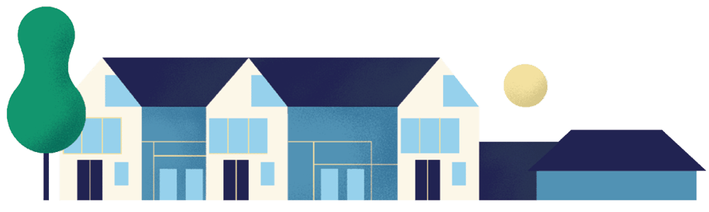 Zwei moderne Häuser mit einem Baum und einem Schuppen unter einem gelben Kreis am Nachthimmel.