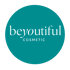 Blaugrüner Kreis mit dem Text „beyoutiful COSMETICS“ in dunkelgrünen Buchstaben.