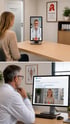 Oben: Frau in Arztpraxis per Videocall mit Arzt. Unten: Arzt am PC per Videocall mit Patientin.