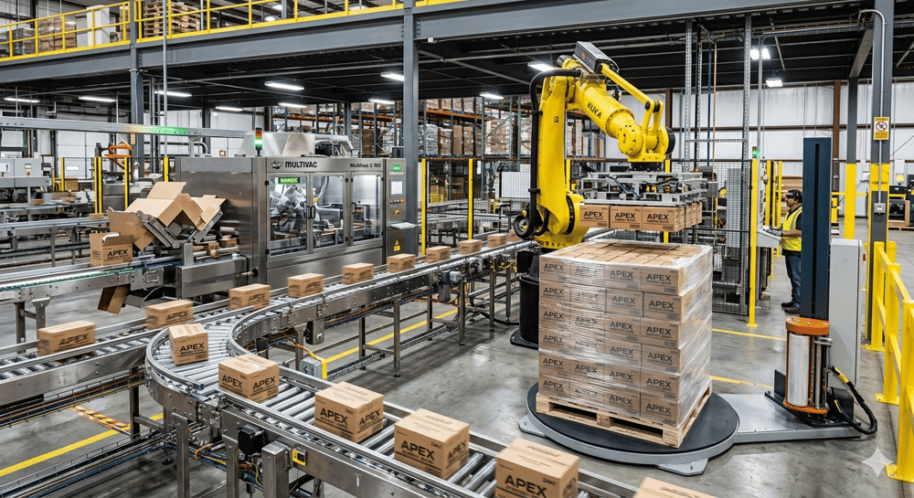 Roboterarm palettiert Schachteln