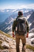 Wanderer mit Rucksack auf einem Bergpfad, Blick auf schneebedeckte Gipfel unter blauem Himmel.