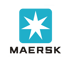 Blaues Maersk-Logo mit weißem Stern und schwarzem "MAERSK"-Schriftzug auf dunkelgrünem Hintergrund.