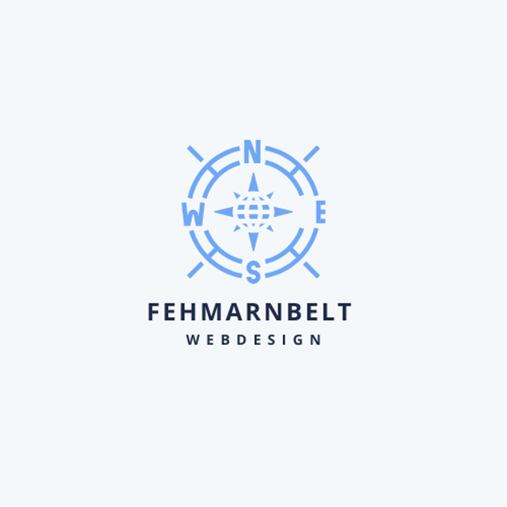 Kompass-Logo mit Himmelsrichtungen N, E, S, W und Erde in der Mitte; Text "FEHMARNBELT WEBDESIGN".
