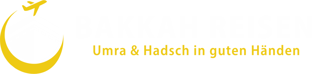 Logo von Bakkah Reisen mit Kaaba-Symbol, Flugzeug und Text Umra & Hadsch in guten Händen.