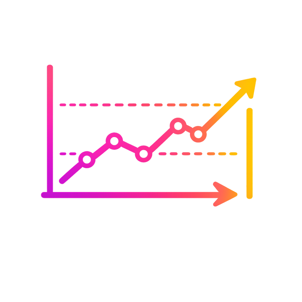 Line graph with pink to orange gradient showing an upward trend, with two horizontal dashed lines indicating data points.