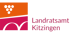 Logo des Landratsamts Kitzingen mit orangefarbenem Rechteck und sieben Kreisen, sowie pinker Form mit zwei Bögen.