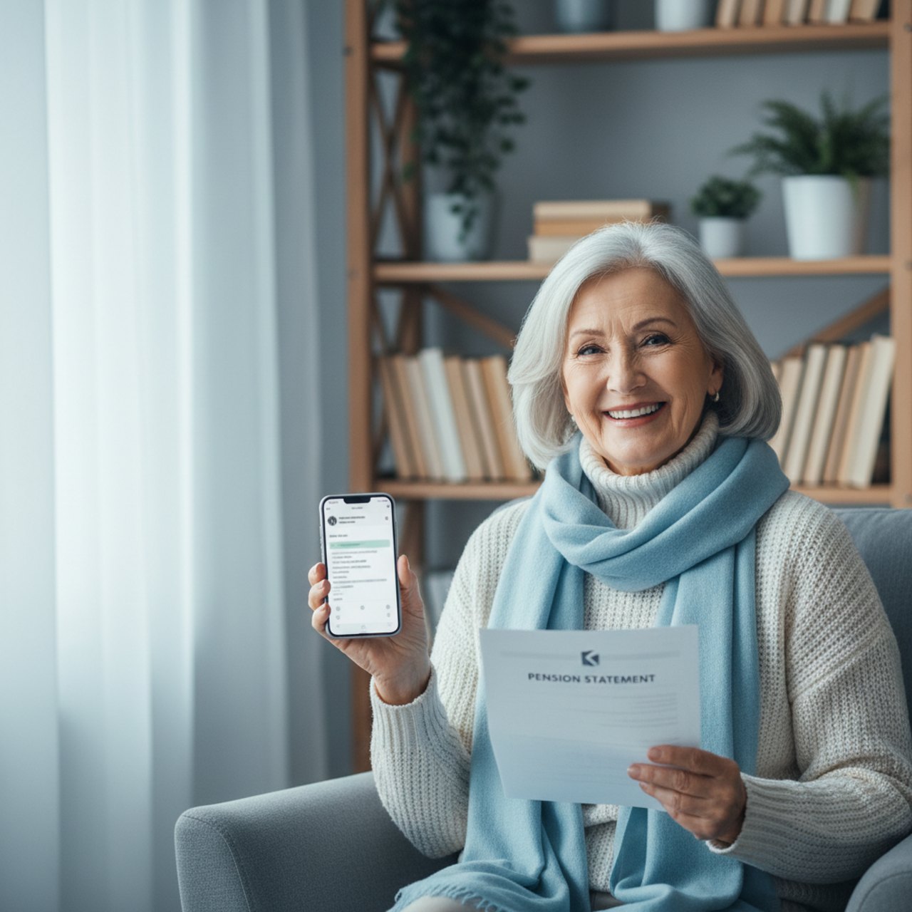 Rentnerin mit Smartphone und Rentenbescheid