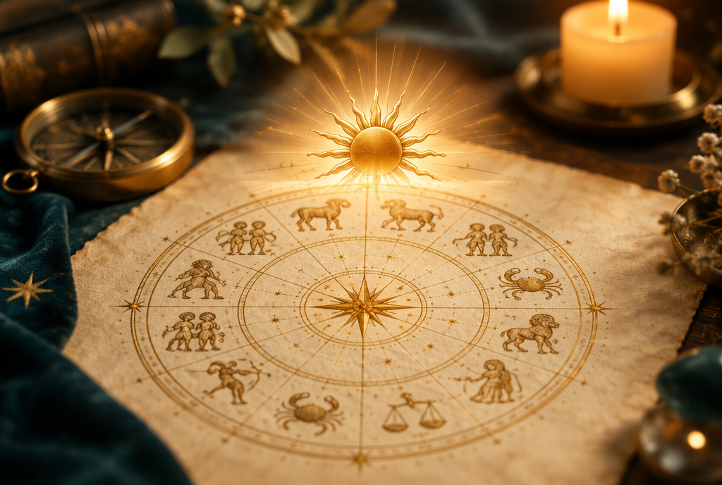 Goldene Sonne über einem Horoskop-Rad auf warmem Pergament