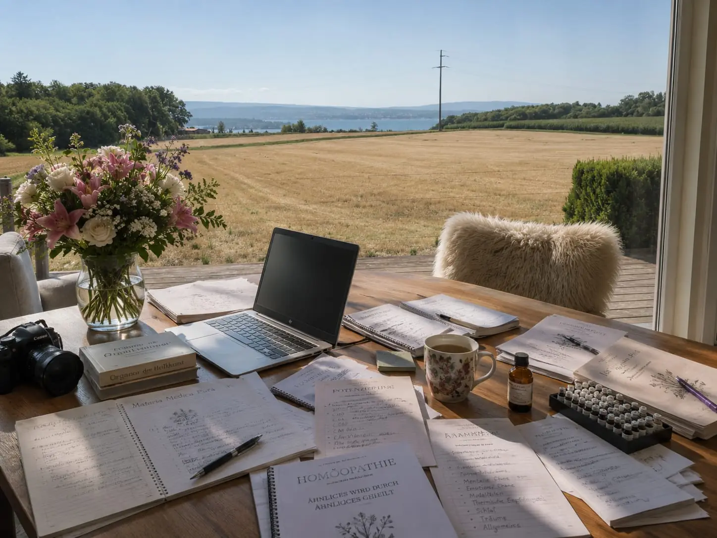 Notizen, Laptop und Unterlagen auf dem Arbeitstisch mit Blick über die Felder zum Bodensee