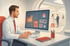 Ein Mann im weißen Laborkittel arbeitet am Computer, auf dem Bildschirm sind Daten und Analysen zu sehen. Im Hintergrund eine Apotheke mit Kunden. Darstellung von Digitalisierung, Datenanalyse und moderner Technik im Apothekenbetrieb. Ideal für Blogbeiträge über Prozessoptimierung, Rentabilität, digitale Transformation, Marketingstrategien und Kundenbindung in Apotheken. Symbol für effiziente Abläufe, zukunftsorientierte Apothekenführung und patientenorientierte Beratung.